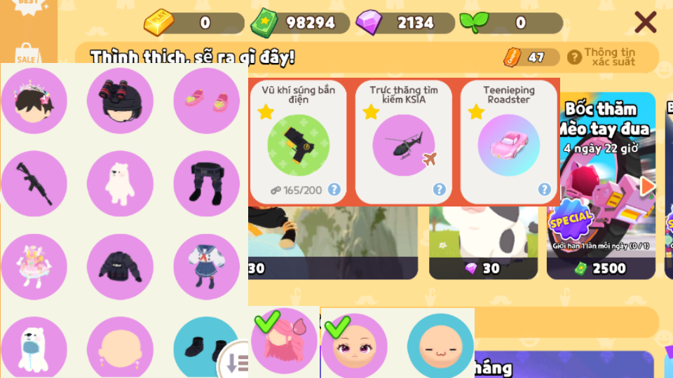Login Zing. Bộ công chúa, đồng phục KSIA. Xe hồng, Trực thăng KSIA, 21xx kc, random 50-150k tiền sao